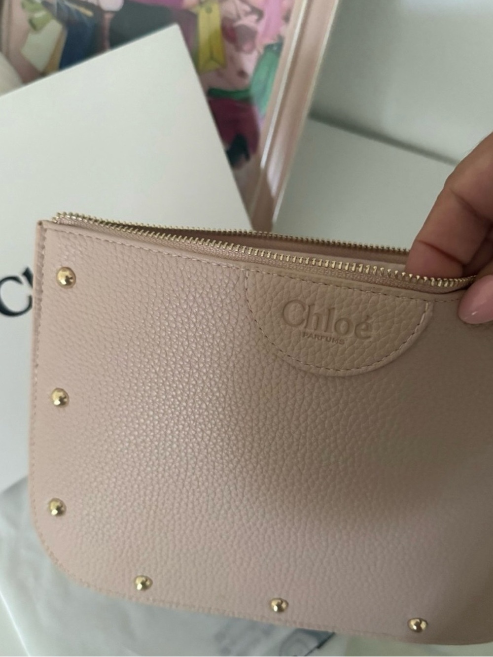 Chloé Taupe Pebbled Faux Leather Studded Zip Pouch - Picture 4 of 4